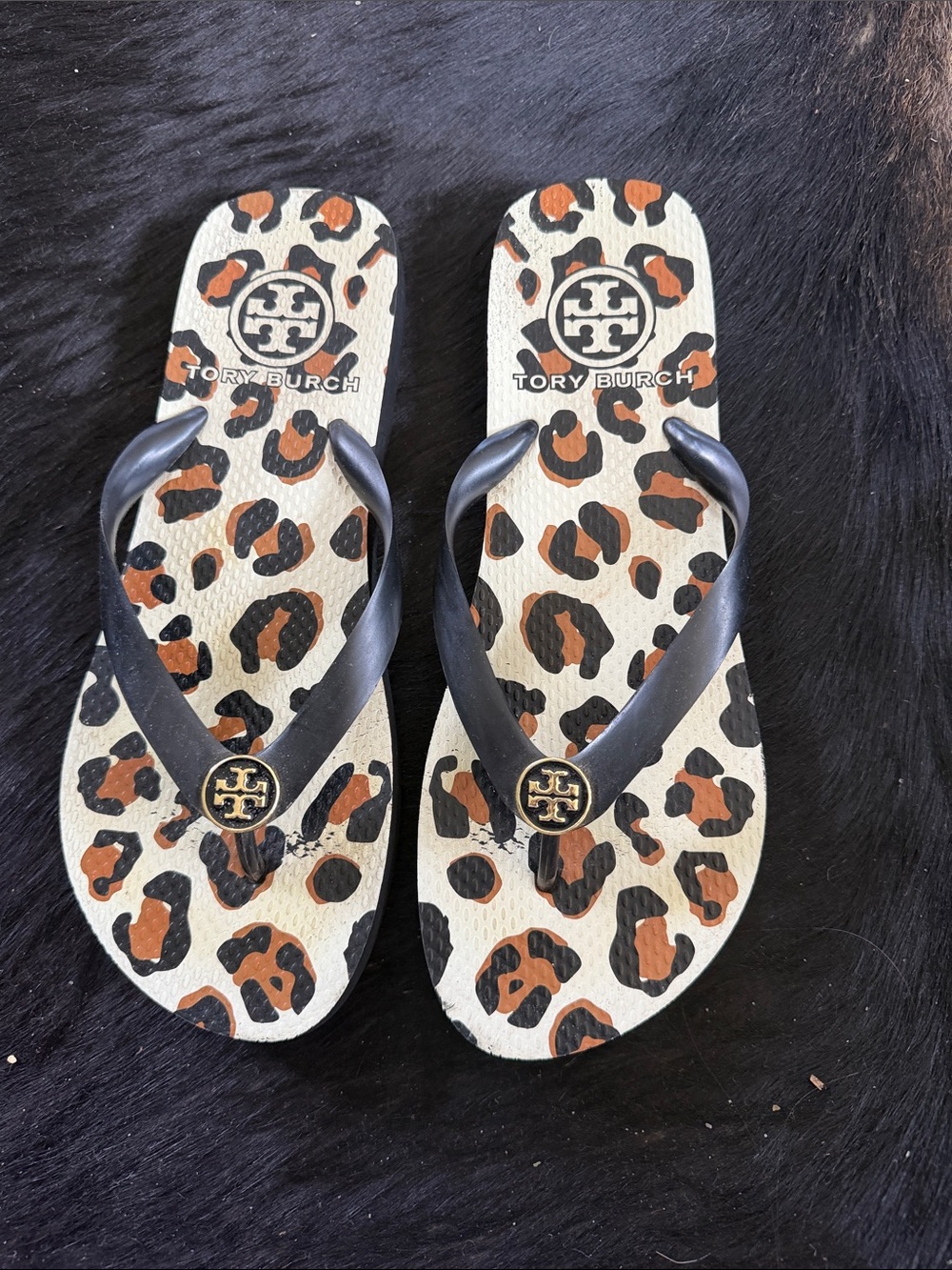 Tory Burch Leopard Print Flip Flops with Black Straps and Gold Logos